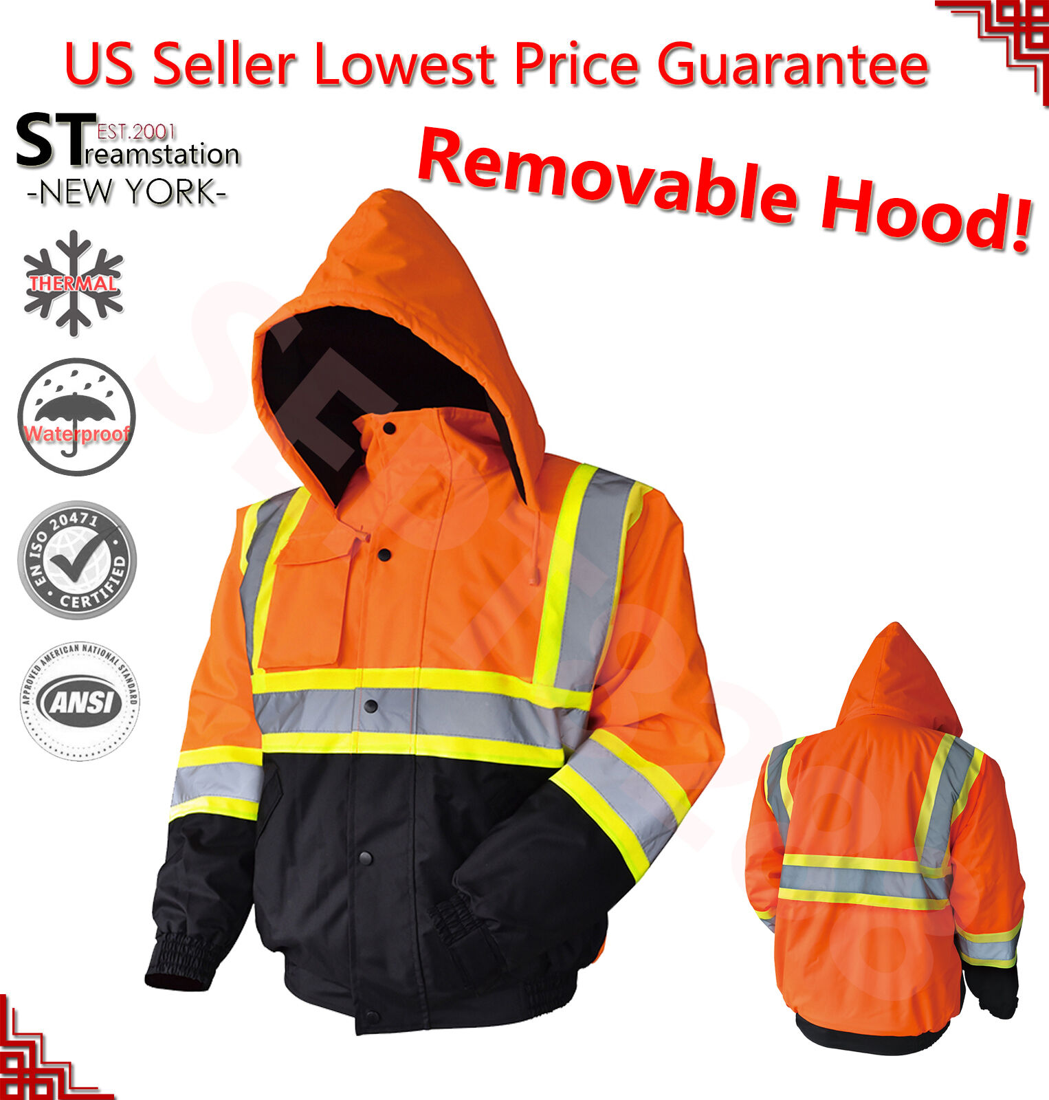 Hi Vis Insulated Safety Bomber Reflective Jacket Coat High Visibility Orange