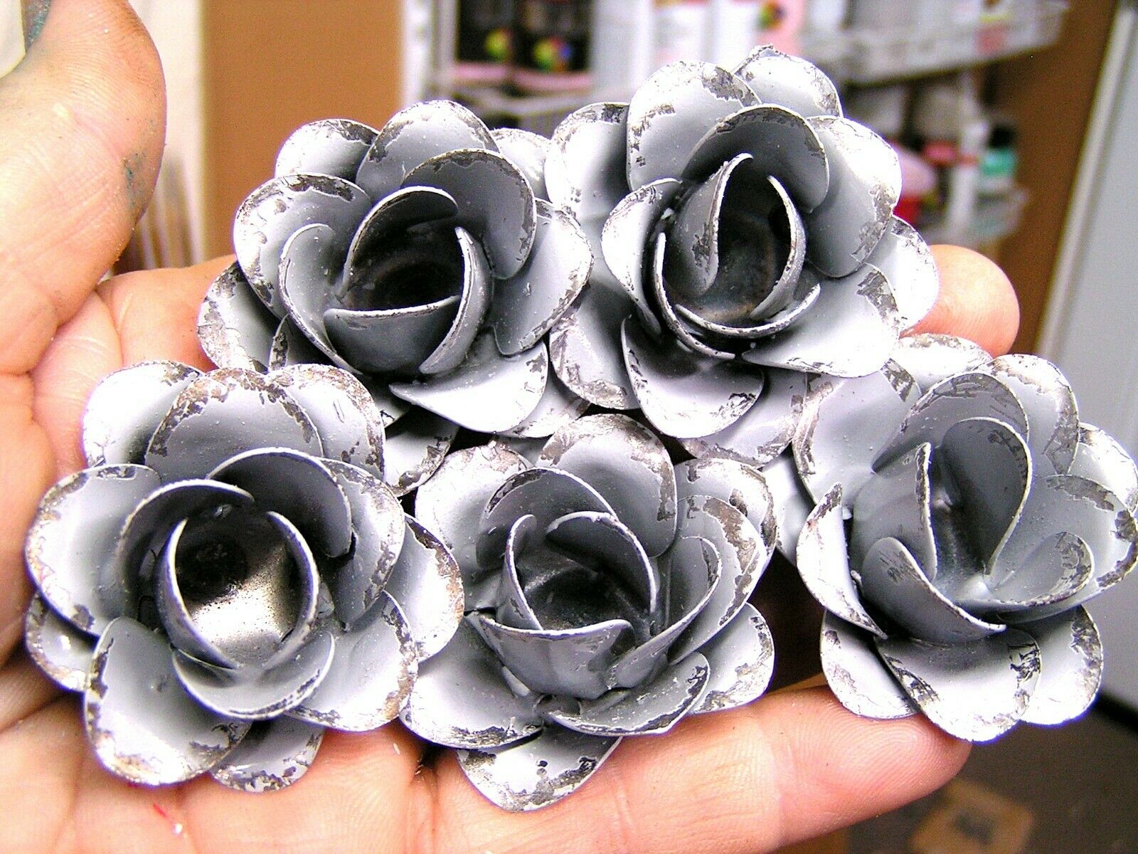 Five Medium Grey Roses Metal Flowers For Crafts, Jewelry, Embellishments Accents