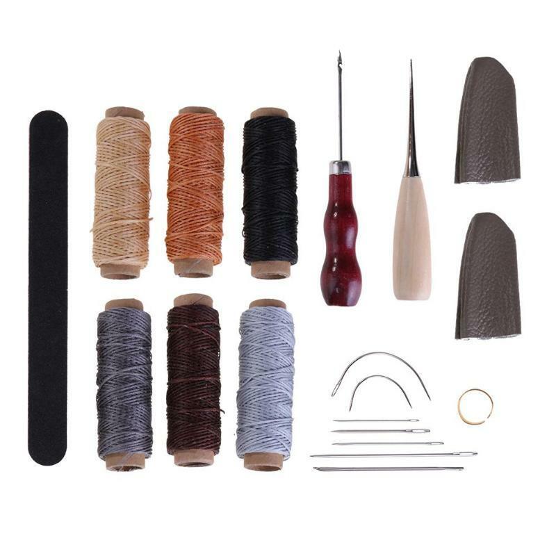 19pcs/set Leather Craft Punch Kit Wood Handle Awl Stitching Hole Waxing Line