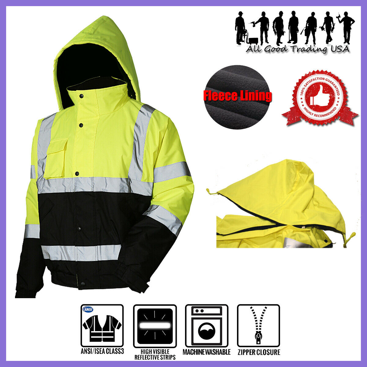 Hi Vis Insulated Safety Bomber Reflective Jacket Coat Road Work Fleece Lining Jo