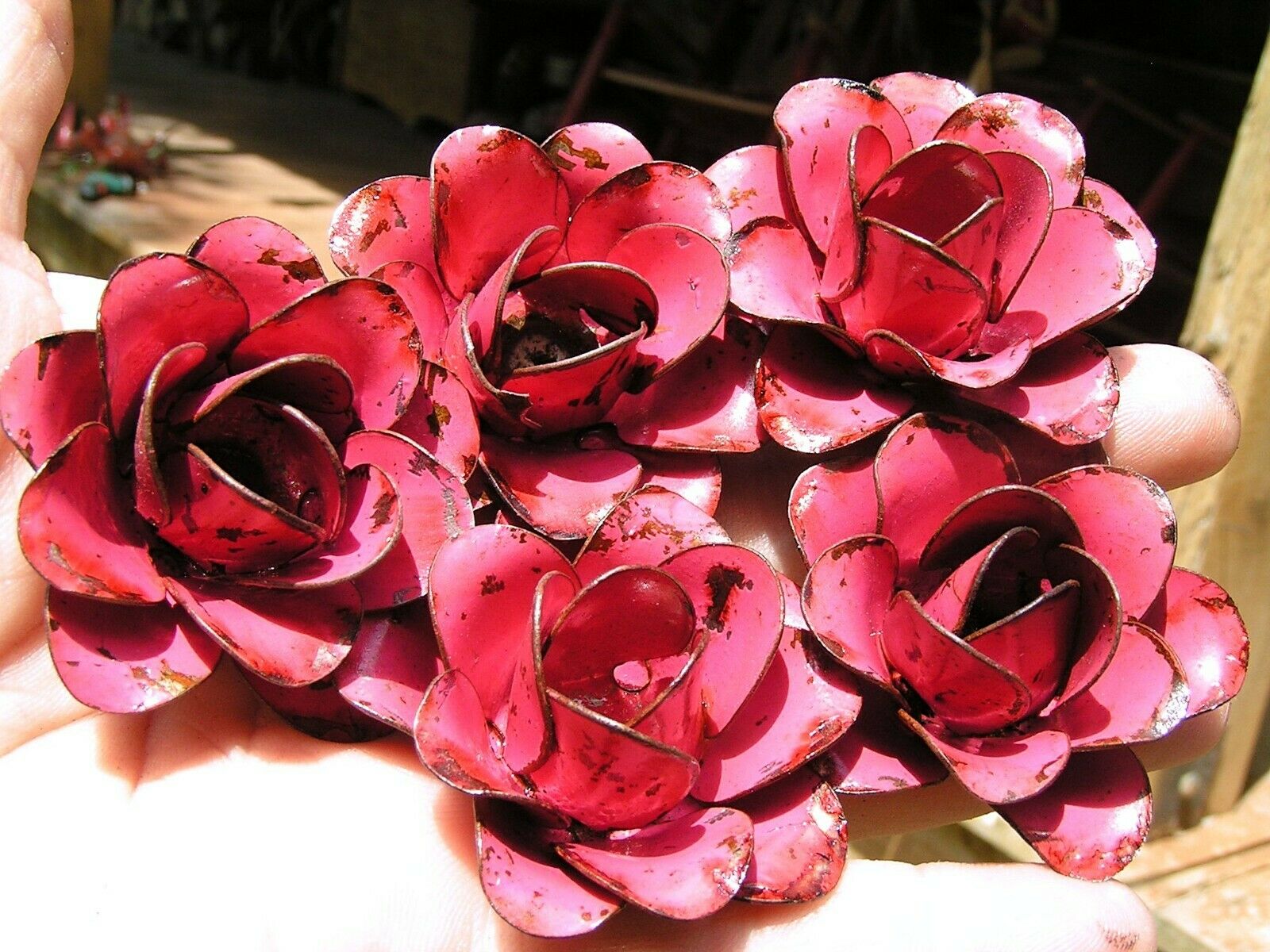 Five Medium Pink Roses, Metal Flowers For Embellishments And Accents
