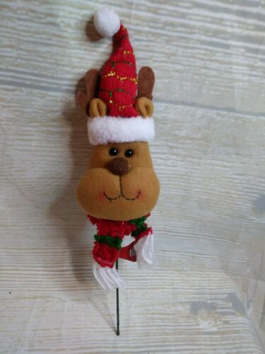 New! Stuffed Reindeer Christmas Floral Flower Pot Wood Stake Pick 13" Crafts
