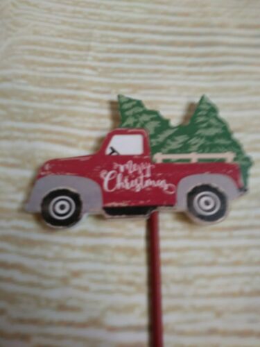 New! Vintage Farm Truck &  Christmas Tree Floral Flower Pot Wood Stake Pick 10"