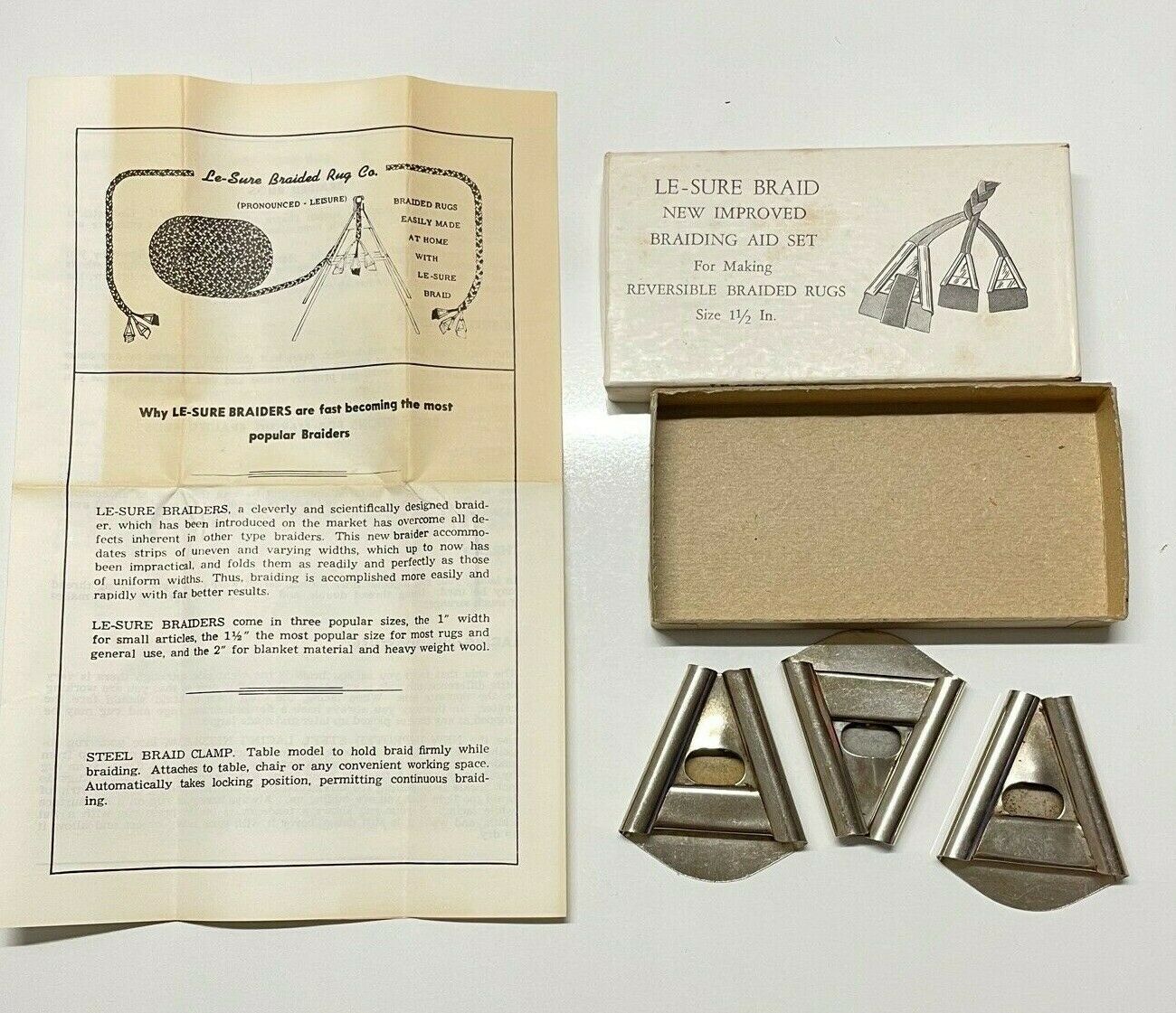 Vintage Le_sure Rug Braiding Tool Set Of 3 With Box And Instructiuons